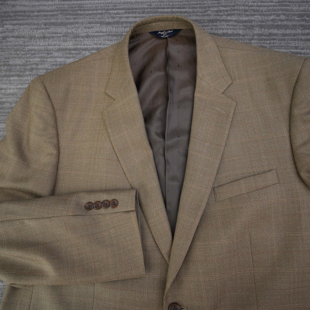 Joseph & Feiss Gold Mens 48 Long Brown Windowpane 100% Wool Blazer Sport Coat